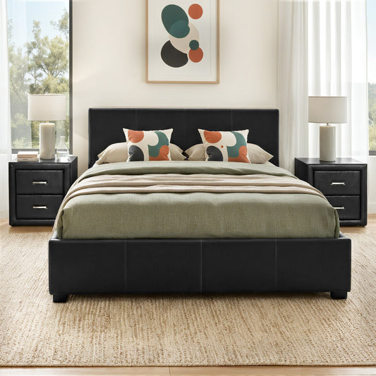 Gas Lift Queen Bed Frame and 2 Bedside Table Set Leather Black