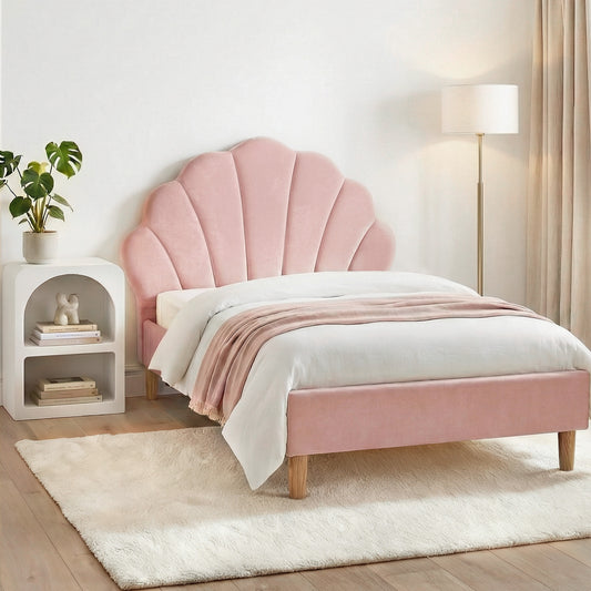 Bed Frame King Single with Bedside Table Set Scallop Headboard Pink Velvet Fabric Beds Base