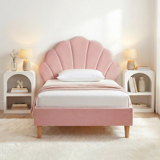 Bed Frame King Single with 2 Bedside Tables Set Scallop Headboard Pink Velvet Fabric Beds Base