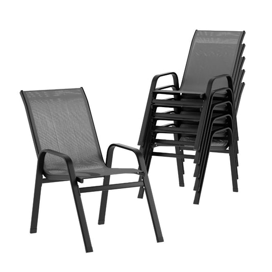 Stackable black chairs on a white background