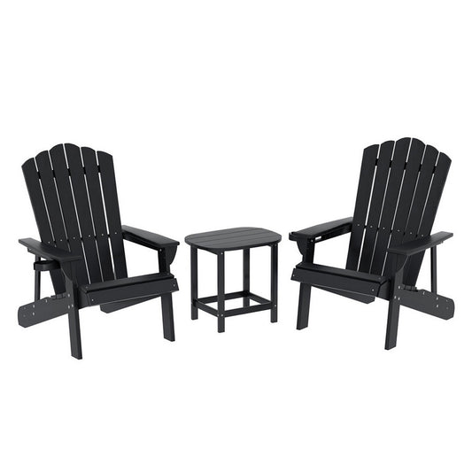 Two black Adirondack chairs with a matching side table on a white background