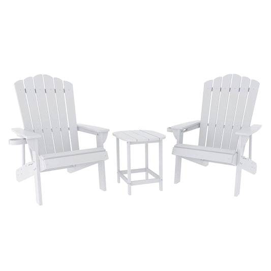 Two white Adirondack chairs with a matching side table on a white background