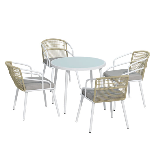 Round table with four matching chairs on a white background