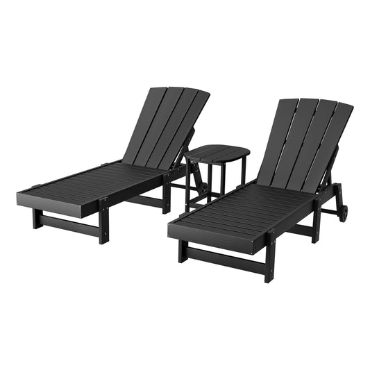 Two black Adirondack chairs with a small table on a white background