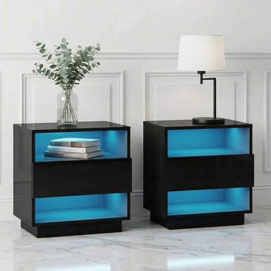 2x Bedside Table LED with 2 Shelves - HANA Black