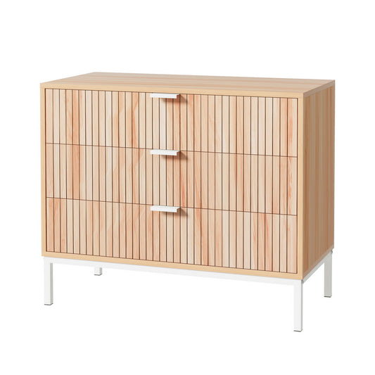 Wooden cabinet with horizontal slat design on a white background