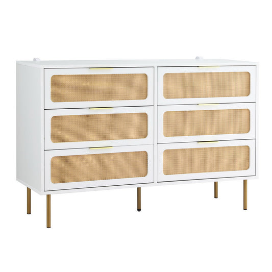 White dresser with rattan drawers on a white background