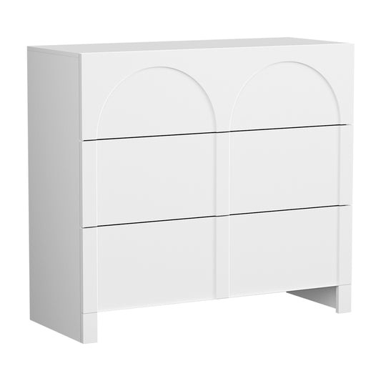White dresser with three drawers on a white background