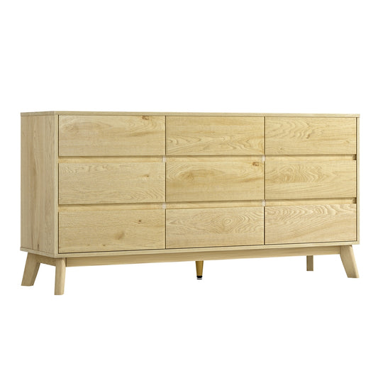 Wooden dresser with multiple drawers on a white background