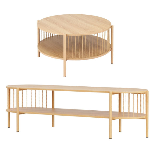 TV Unit & Coffee Table Set Storage Shelf Pine