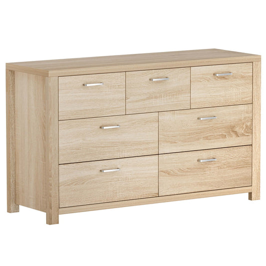Wooden dresser with six drawers on a white background