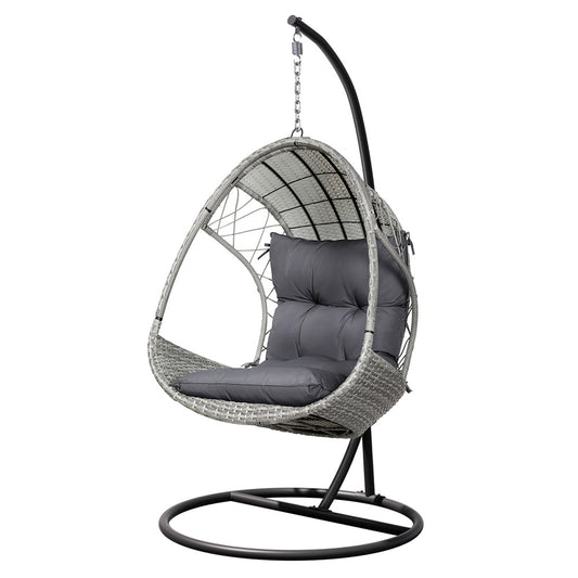 Hanging egg chair with gray cushions on a white background