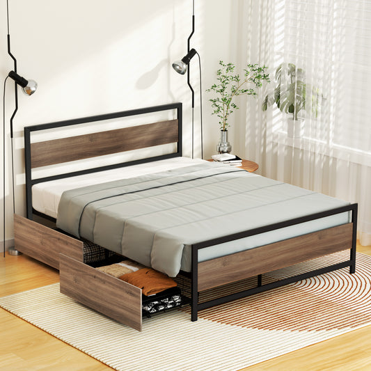 Bed Frame Queen Size Metal Frame with 2 Drawers DREW