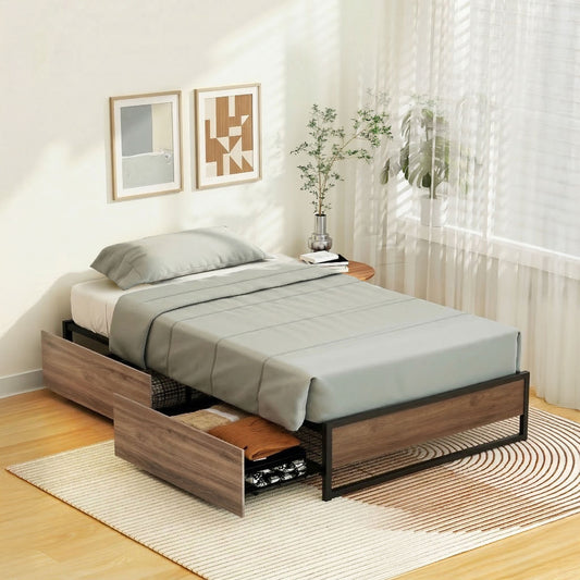Bed Frame Metal Frame King Single Bed Base 2 Drawers OSLO