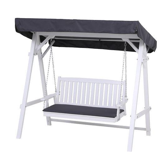 White outdoor swing with black cushions and canopy on a white background