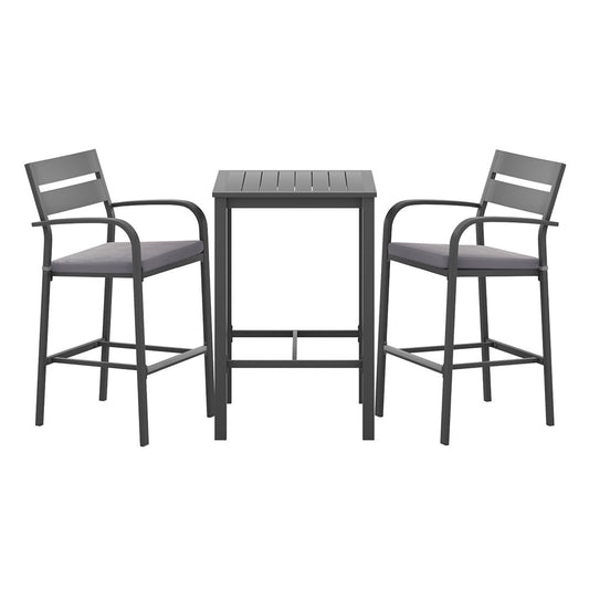 Outdoor furniture set with two bar stools and a table on a white background