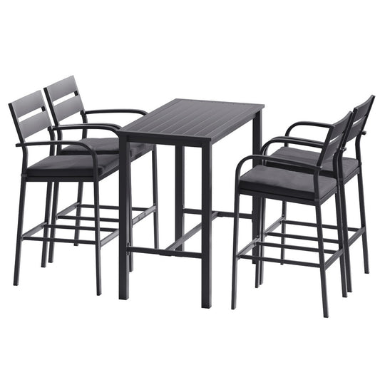 Black metal high table with four matching chairs on a white background