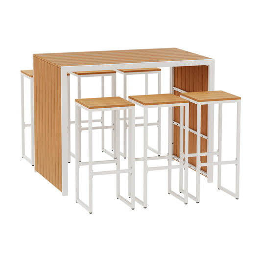 Bar height table and four stools with wooden top and white frame on a white background