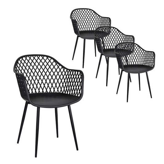 Set of four black chairs with lattice backrests on a white background