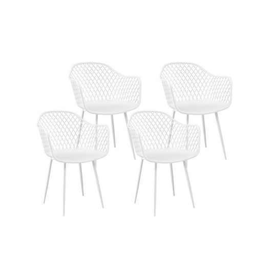 Four white chairs with a mesh design on a white background