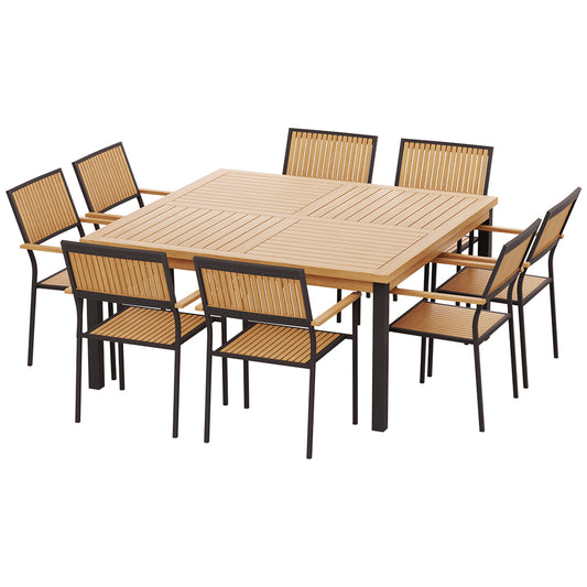 Wooden outdoor dining table with eight matching chairs on a white background
