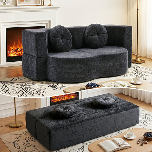 2 in 1 Convertible Compressed Sofa Bed, Folding Boneless Sofabed for Living Room ,Comfort Curved Sleeper Couch with High Density Sponge, Apartment Essentials, No Assembly, 2 Pillows, Grey
