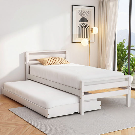 Bed Frame Single Size 2-in-1 Trundle Wooden White AVIS