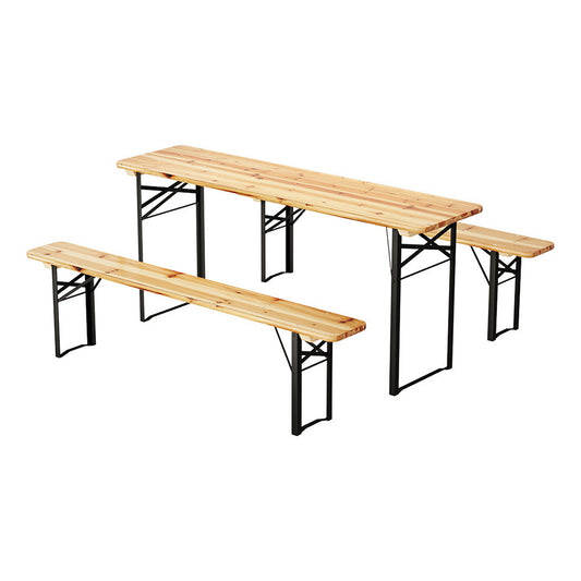 Wooden folding table and benches on a white background
